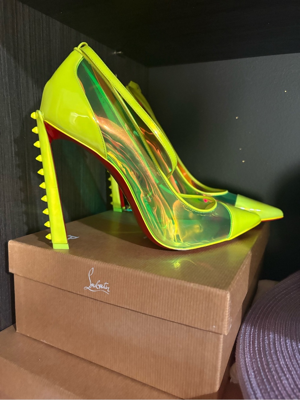 Christian Louboutin Neon Yellow Iridescent Pointed-Toe Ankle-Strap Heels - Picture 8 of 14